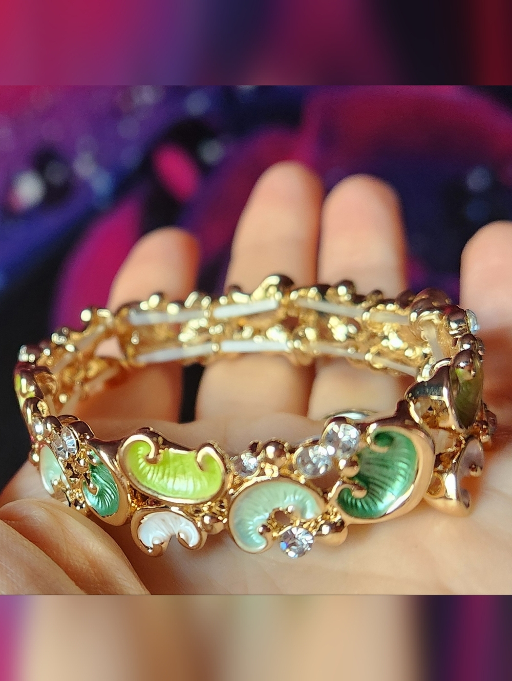 Gold-Tone No Tarnish StretchyBracelet with Green/ Lime Enamel Accents